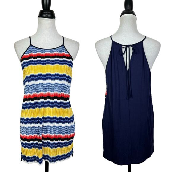 Vince Camuto Multi Color Stripe Ikat Colorful Crinkle Texture Halter Tank - Picture 4 of 10